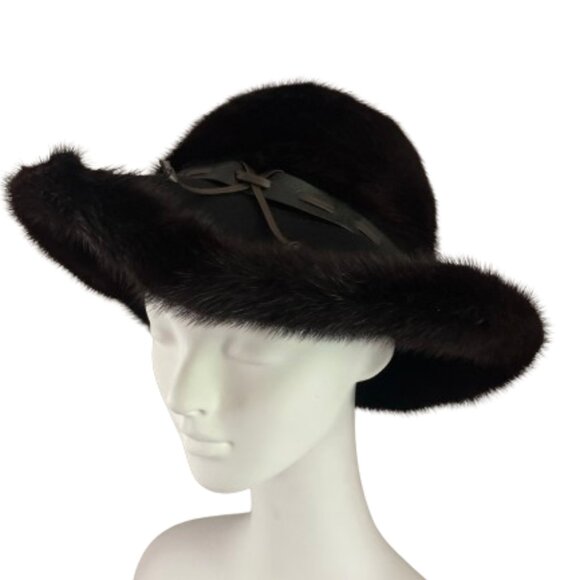 Vintage Mink Fur Bucket Hat • Leather Hat Band Women's S • Floppy Wide Brim Hat